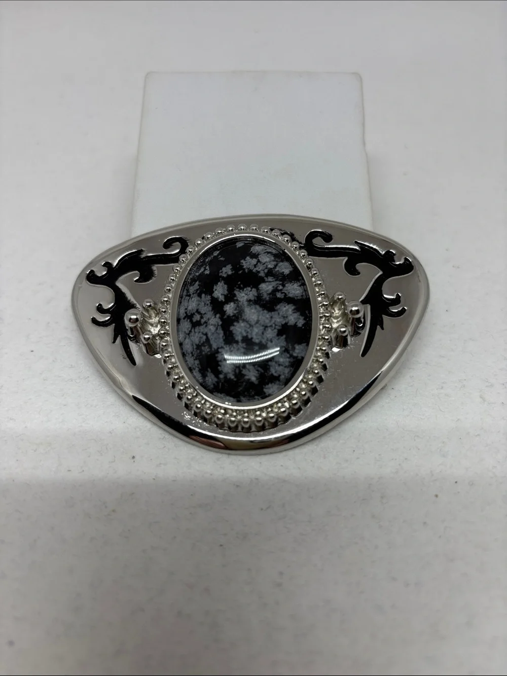 Silver-Tone Snowflake Obsidian Belt Buckle